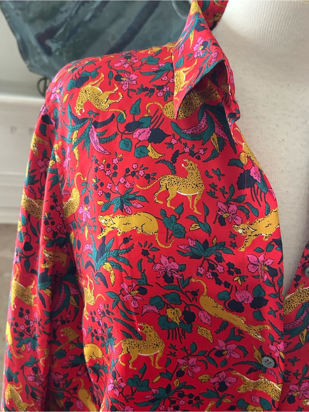 J. Crew Red Multicolor Jungle Cat Floral Silk-Twill Shirt - Picture 3 of 11